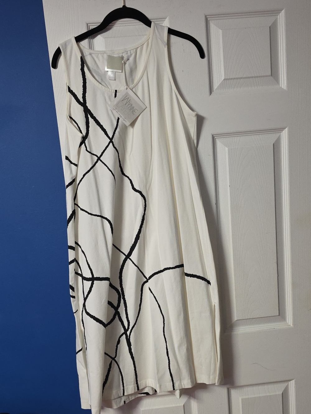 White Sleeveless A-Line Dress with Black Abstract Lines